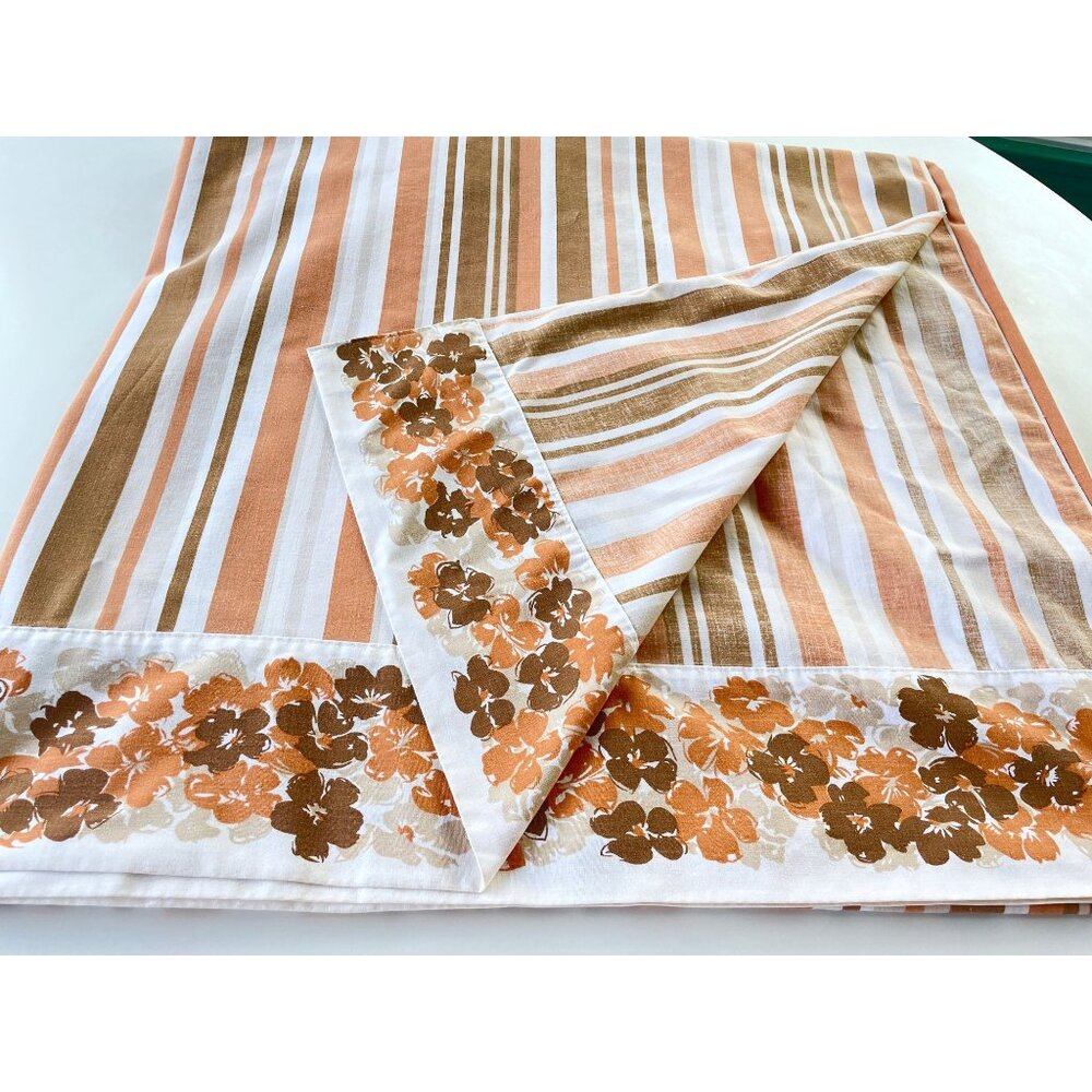 Rare vintage 70s King size flat / top sheet, flower power, 2 tones beige, brown